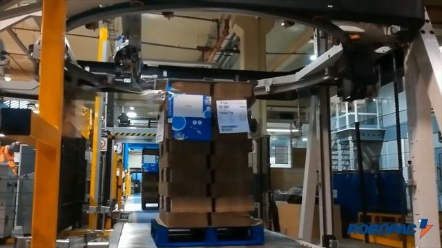 Обмотка гофрокартона на паллете. Паллетообмотчик Robopac с вращающимся кольцом