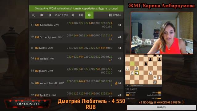 Шахматы ПУЛЯ!Bullet Titled Arena на lichess.org/ЖМГ Карина Амбарцумова.