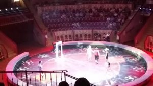 Цирк на фонтанке. Представление клоуна со зрителями с зала на сцене.