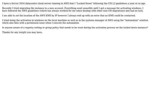 DevOps & SysAdmins: AWS - Unable to activate windows after CIS hardening