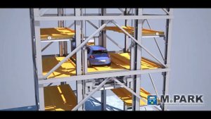 Автомобильный стационарный подъемник в виде башни с двумя автомобилями на ярусе