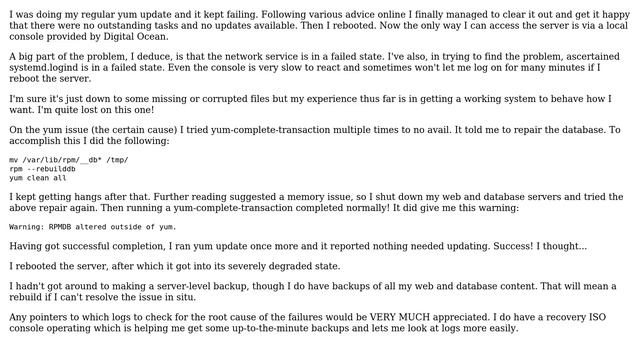 Failed yum update rendered CentOS 7 install almost useless where to look for root cause?