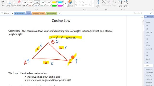 Oct 23 Block C Sine Law Work and Cosine Law Notes Part 1