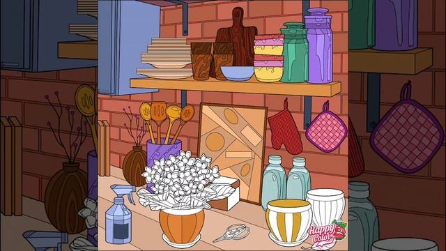 #Раскраска Happy Color. #Интерьер, рабочее место флориста, кухня смотреть онлайн