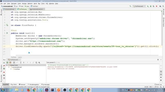 Selenium WebDriver framework. First automation Selenium test.