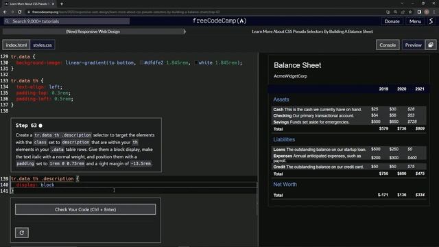 Learn HTML & CSS | FreeCodeCamp Balance Sheet: Step 63