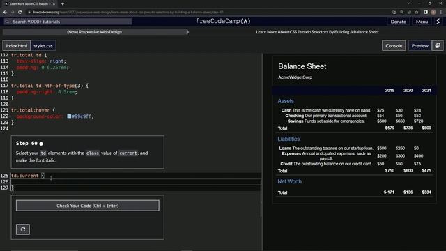 🖥️ Learn HTML & CSS | FreeCodeCamp 📈 Balance Sheet: Step 60 📚