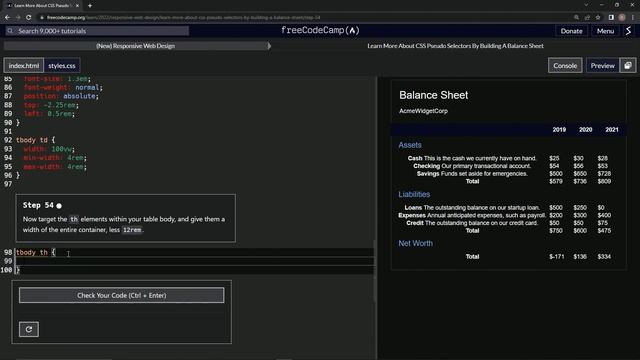 🖥️ Learn HTML & CSS | FreeCodeCamp 📚 Balance Sheet: Step 54 🔨