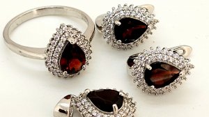 Темный оранжево-красный гранат и куб цирконий 925 серебряный комплект: серьги, кольцо, кулон