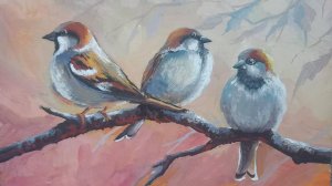 Гуашь. Воробьиное трио