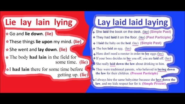 LIE VS LAY EXAMPLES SENTENCES LAY LAIN LAID LYING LAYING ENGLISH GRAMMAR
