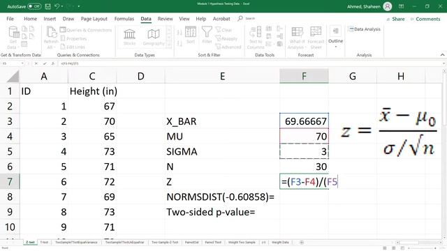 Single Sample Z Test Application, Data Collection, Analysis, Results Explained in MS Excel & Minita