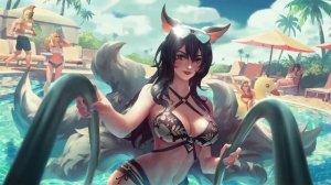 Миленькая Брюнеточка Ари в Бассейне - Лига Легенд - Ahri LOL Pool Party - Живые Обои