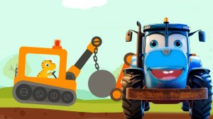 Синий трактор и машинки для детей - Динозаврик на бульдозере - Мультики для малышей