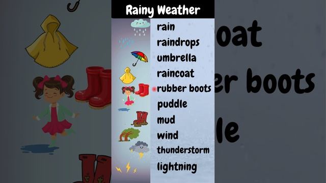 Rainy Weather Vocabulary Umbrella Raincoat Puddle Mud  Rubber Boots Thunderstorm Lightning