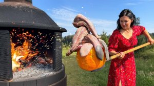 Тыква вместо Казана! Нежные Языки с Рисом Запеченные в Дровяной Печи#говядина #кулинария #деревня