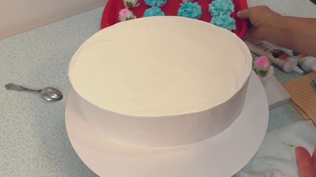 Торт с голубыми Гортензиями и Розами(крем БЗК). /Cake with blue Hydrangeas and Roses.