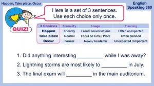 Difference between HAPPEN _ TAKE PLACE _ OCCUR.  Super Useful English Grammar!