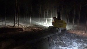 Канадская валочно-пакетирующая машина Tigercat 870C убирает лес в ночную смену