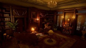 Уютная зимняя библиотека с теплым камином и звуками метели за окном