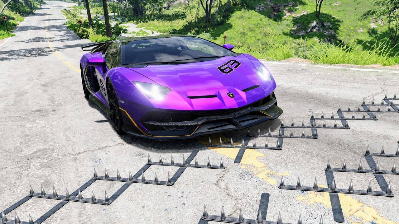 Массовые автомобильные аварии с разбивкой по полосам с шипами #104 – BeamNG Drive смотреть онлайн