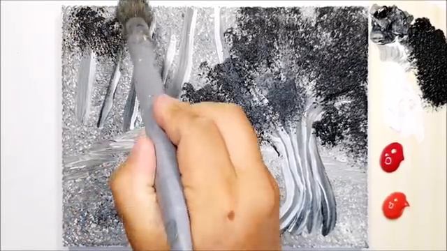 КРАСНОЕ ДЕРЕВО НА ЧЕРНО-БЕЛОМ  - Развивашки для детей и родителей!   Акриловая  живопись легко!