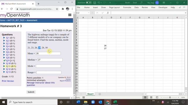 Statistics with Excel: HW3_ #9-13 Mean, Median, Mode, Range & Midrange