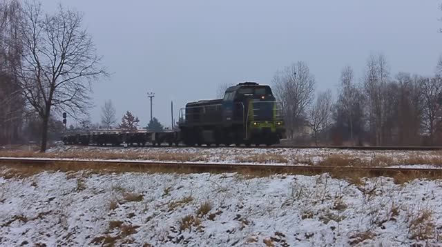 ST48-025 (PKP Cargo) с составом из 20 порожних сочленённых* 6-осных платформ возвращается в Польшу