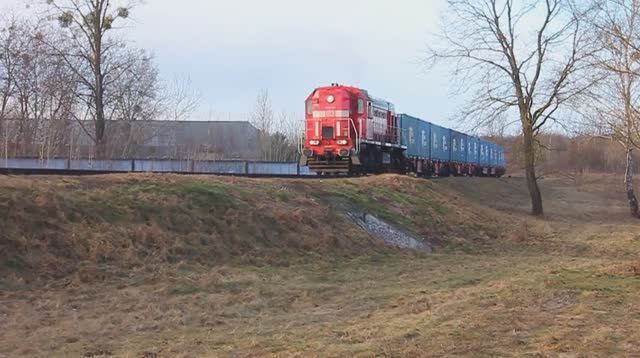 TEM2-307 (DB Cargo Polska) с передаточным контейнерным поездом