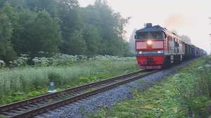 2ТЭ116-428 (РЖД/Окт, ТЧ-18 Дно) с грузовым поездом разгоняется после скрещения