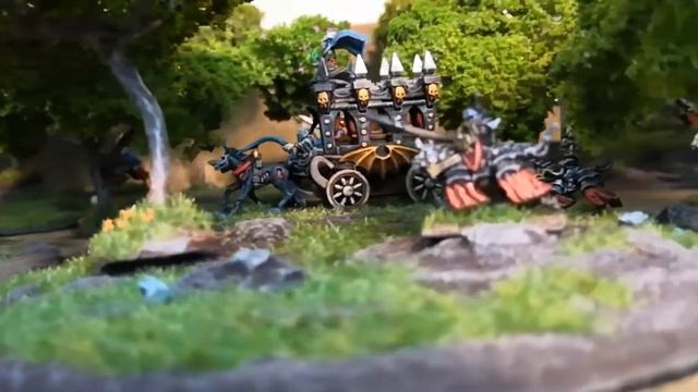Warmaster 10mm miniatures model fantasy forest battlefield scene (wood elf vs vampire)