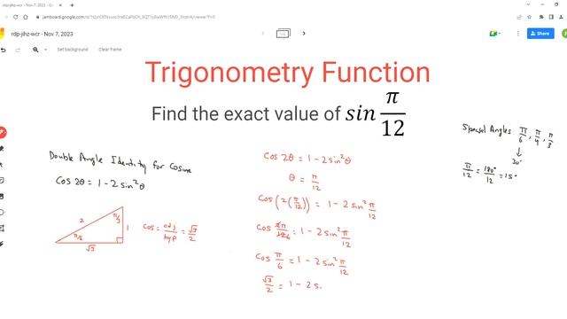 EXACT VALUE of sin(pi/12) using Cosine Double Angle Identity