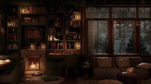 Библиотека, зима, камин