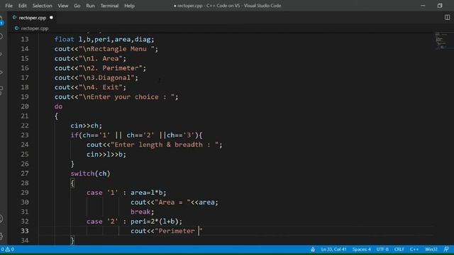 Program to display a menu regarding rectangle operations using do-while loop | C++ смотреть онлайн