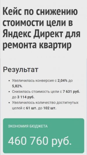 Кейсы по снижению стоимости цели в Яндекс Директ ремонт квартир, онлайн обучения, медиц оборудования