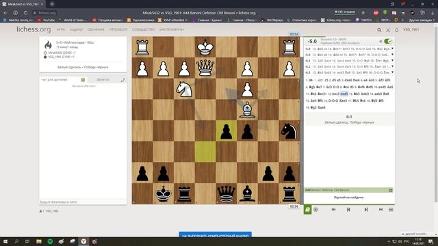 Защита Бенони. Блиц 5+3.Прорыв в центре и чёрные с лишней фигурой....