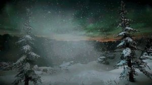 Атмосфера снежной бури в горах с северным сиянием