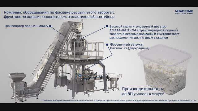 Упаковочное оборудование: Комплекс по фасовке рассыпчатого творога с ФЯН в пластиковый контейнер