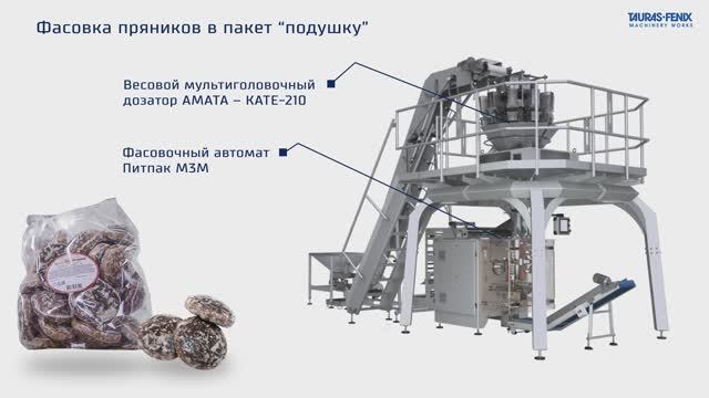 Упаковочное оборудование для дозирования и фасовки пряников в трехшовный пакет (пакет-подушка).