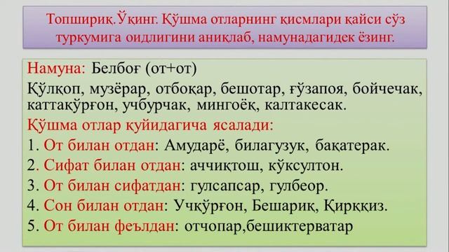 6-синф. Отларнинг тузилишига кўра турлари. Содда ва қўшма, жуфт ва такрорий отлар имлоси