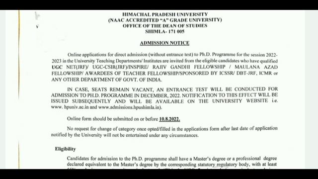HPU PhD Direct Admission 2022 (Without Entrance Test) | No. Of Seats | Departments | Eligibility |
