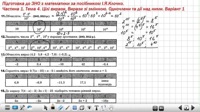 Підготовка до ЗНО. Цілі вирази. Вирази зі змінною. Одночлени та дії над ними. №1 - №22.