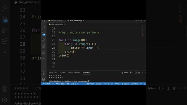 right angle star patterns|for loop star patterns |python3 star patterns |right angle pyramid #short