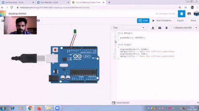 Blink an LED using Arduino in Tinkercad. Arduino programming in Scratch