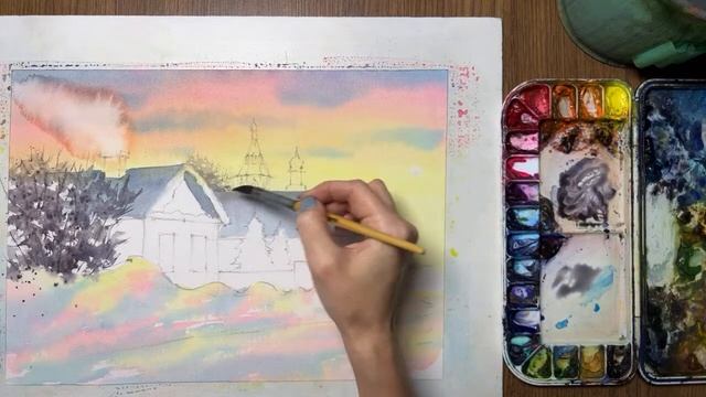 Зимний пейзаж акварелью