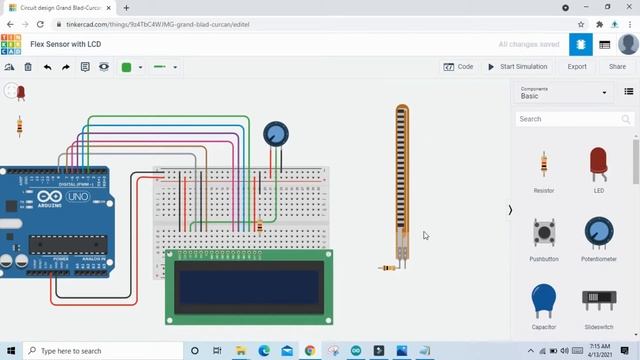 #28 Flex Sensor With LED using Arduino at Tinkercad in English || Block Coding