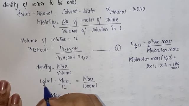 Calculate the molarity of a solution of Ethanol in water in which the mole fraction of ethanol is..
