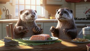 Домашние смешные выдры угощаются лососем. Милота!