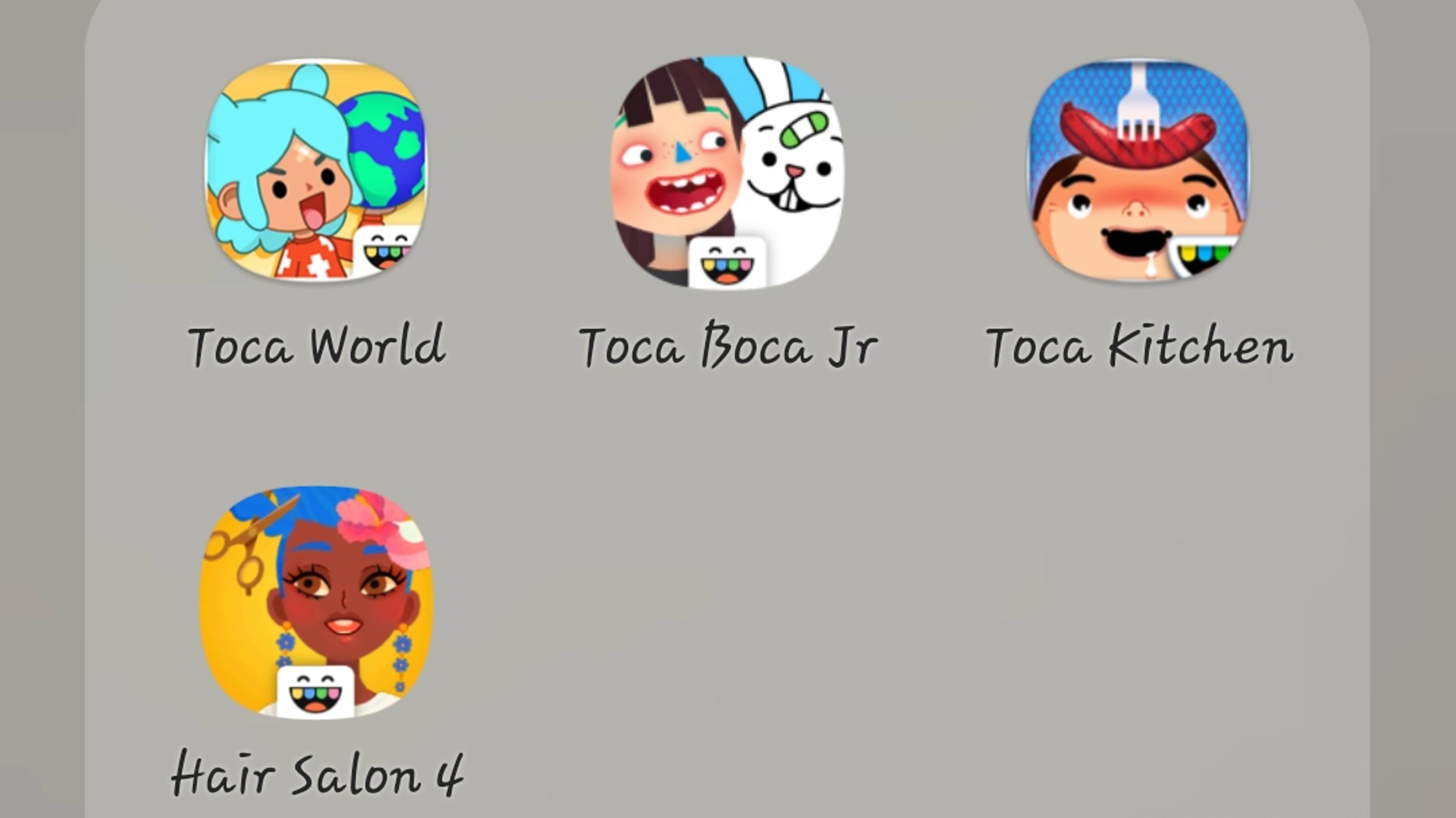 Toca Boca (Toca life world),Toca Junior,Toca kitchen 2,Mystery House,Toca kitchen,Hair Salon 4.