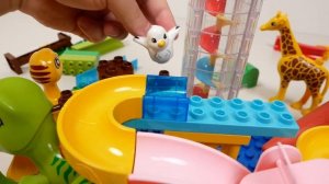 Веселые горки Building Blocks ☆ Конструктор Marble Run ASMR! Динозавр красный трицератопс - лего тра